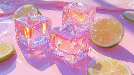 Poster -   A group of colorful ice cubes with lemons and limes placed on a white and pink tablecloth against a pastel-colored backdrop