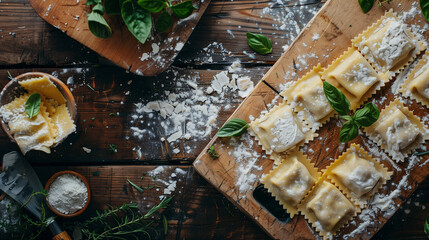 ravioli being cut and shaped on a wooden board, with a sprinkle of flour and fresh herbs scattered around