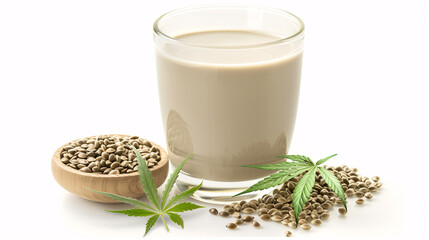 a glass of hemp milk, with a small dish of hemp seeds and a hemp leaf, set against a simple, white backdrop