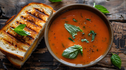 a warm bowl of tomato soup, garnished with fresh basil leaves and served with a grilled cheese sandwich on a rustic, weathered table