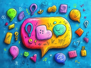 whimsical speech bubble filled with vibrant doodles and symbols representing creative communication playful illustration style on clean background