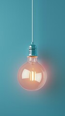 Poster - A vintage-style light bulb glows warmly, suspended from a thin cord against a calming blue backdrop, creating a peaceful and inspiring ambiance