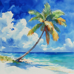 Wall Mural - A painting of a palm tree on a beach with a blue sky