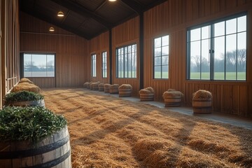 Wall Mural - Interior of a rustic barn with straw and barrels during daylight in a countryside setting