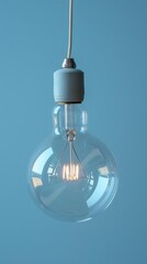 Poster - Suspended in mid-air, a light bulb radiates a warm and inviting glow against a calming blue background, creating a peaceful and stylish atmosphere