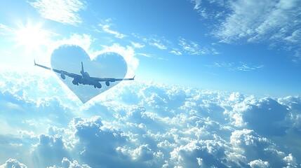 Sticker -   A plane flies in the sky with a heart-shaped cloud in front and a sun behind