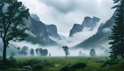 Wall Mural - The misty valley, the looming mountains and trees create a mysterious and peaceful natural landscape.