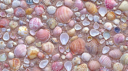 Canvas Print -   Sandily lain seashells, with skies of blue and cloud-kissed backgrounds