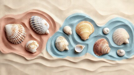 Sticker -   A cluster of seashells rests atop a blue platter atop a pink sandy seashore