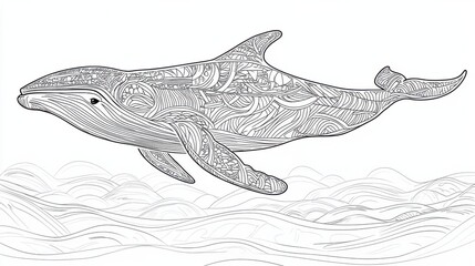 Wall Mural - Outline illustration of a black and white whale for drawing and coloring on white background