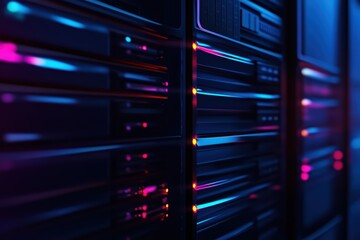 Poster - A close-up view of a modern data center with illuminated server racks showcasing vibrant colors and advanced technology.