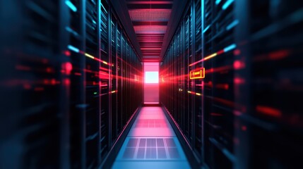 Poster - A futuristic server room with illuminated racks and vibrant lights, symbolizing advanced technology and data management.