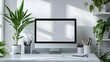 © Heng Heng - AI Stock - Sleek and Minimalist Workspace Setup with a Computer Greenery and Neatly Arranged Office Supplies   Clean and Organized Work Environment for Productivity and Creativity