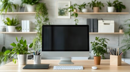 Poster - Organized and minimalist modern workspace setup with a computer potted plants and various office supplies neatly arranged on a clean desk