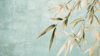 Bamboo Leaves on Antique Light Blue Background with Watercolor Textures and Muted Colors