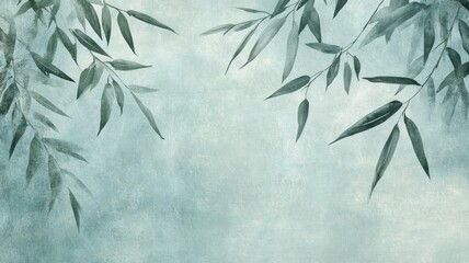 Bamboo Leaves on Antique Light Blue Background with Watercolor Textures and Muted Colors