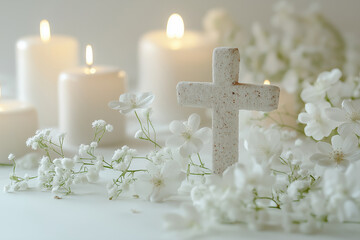 Canvas Print - A white cross is placed on a bed of white flowers