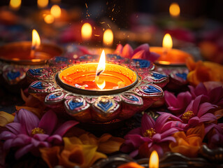 Indian woman in traditional sari with oil lamp and celebrating Diwali.