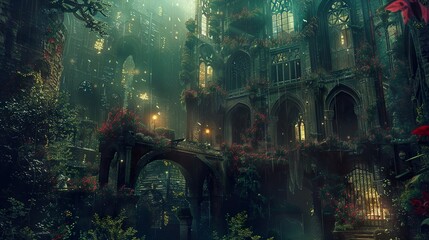 Wall Mural - Enchanted Gothic Castle Ruins in Lush Greenery