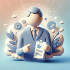 3d Flat icon as Advisor with Report and Recommendations concept as An image of an advisor with a report and recommendations set against a dreamy background offering ample space for text or graphics sy