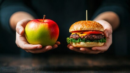 Close-up of two hands, one offering a vibrant apple, the other presenting a tempting hamburger, showcasing a dietary dilemma