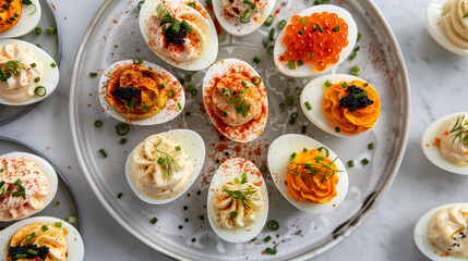 Wall Mural - an assortment of gourmet deviled eggs, each uniquely garnished with toppings like smoked paprika, chives, and caviar, displayed on a chic serving tray