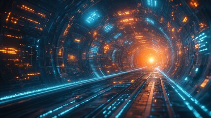 Futuristic tunnel with glowing neon lights, showcasing vibrant colors and depth, perfect for science fiction themes and technology.