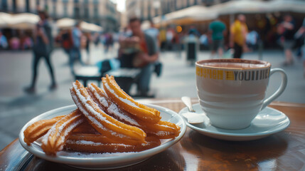 Spanish churros, dusted with sugar and served with a cup of thick hot chocolate for dipping, placed on a table with a busy Spanish plaza in the background