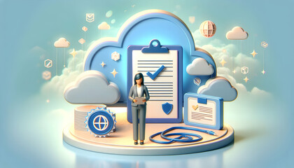 Poster - 3d flat icon as compliance officer with checklist and computer concept as a compliance officer revie