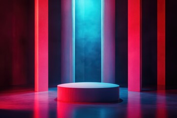 Poster - A vibrant stage featuring a circular pedestal illuminated by dramatic blue and red lighting amidst colorful columns.