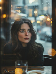 Wall Mural - A woman with long dark hair is sitting at a table in a restaurant