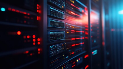 Poster - Close-up of a modern data center showcasing illuminated server racks with colorful lights and advanced technology.