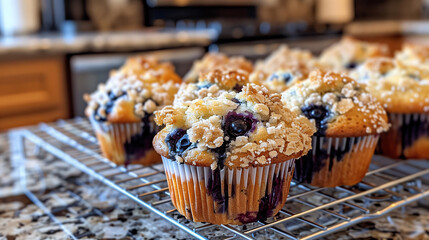 a batch of blueberry muffins, with golden tops and bursting blueberries, cooling on a wire rack in a sunlit kitchen