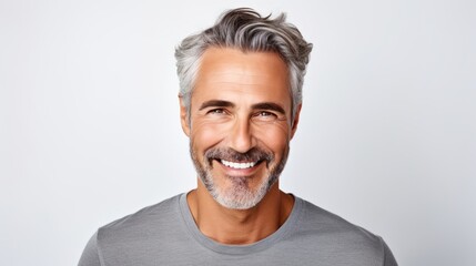 attractive middle aged man in white mock-up T-Shirt, looking into camera