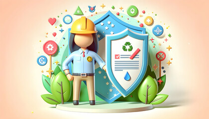 Poster - 3d Flat icon as Environmental Health and Safety Officer with Shield and Certificate concept as An image of an environmental health and safety officer with a shield and ISO14001 certificate set against