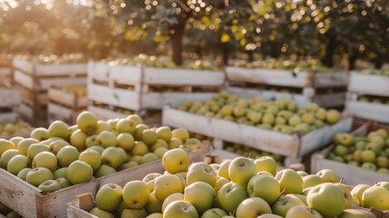 Poster - Golden sunlight bathes the sprawling orchard, highlighting rows of wooden crates brimming with ripe apples, showcasing the rich harvest and natural beauty of the season
