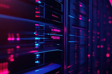 Poster - Futuristic data server showcasing vibrant neon lights, representing advanced technology and digital innovation.