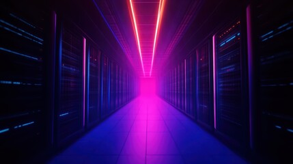 Poster - Futuristic server room with vibrant lights, creating a high-tech atmosphere. Perfect for technology and data center themes.