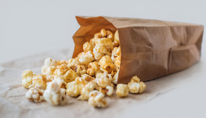 Popcorn spilling out of brown paper bag. Tasty food. Delicious snack.