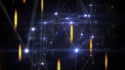 Poster - Glowing nodes and network connections animation over dark background with vertical lights