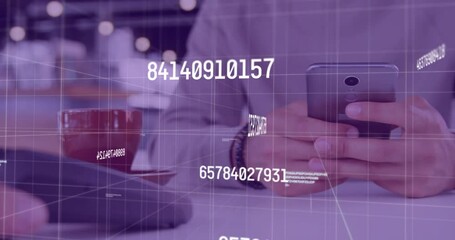 Poster - Holding smartphone, person with coffee cup over digital data processing animation