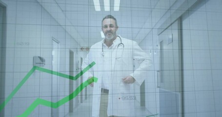 Sticker - Doctor in hallway with financial growth chart animation over grid background