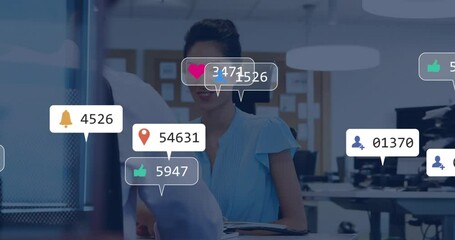 Poster - Social media notifications animation over business people working in office