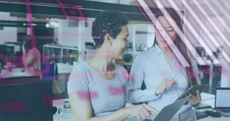 Poster - Programming code animation over two women discussing work in modern office