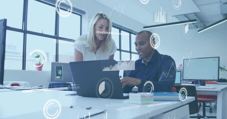 Poster - Business data analytics animation over colleagues working on laptop in modern office