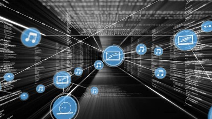 Poster - Music and media icons connected by lines, data network animation over digital tunnel