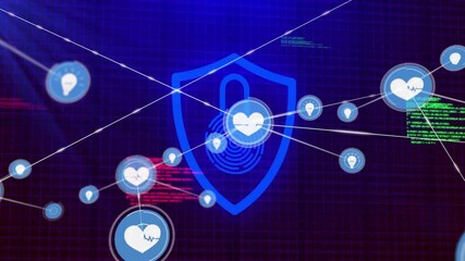 Poster - Cybersecurity shield and lock animation over interconnected digital heart icons