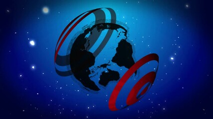 Sticker - Rotating globe with red and blue rings, space animation background