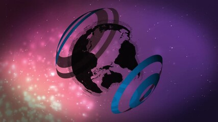 Poster - Rotating Earth with colorful rings animation over starry purple background