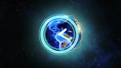Poster - Clock animation over Earth in space with glowing lines and stars